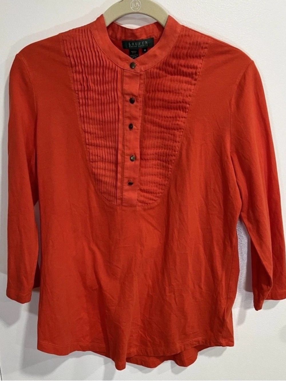 Ralph Lauren Orange Pintuck Bib 3/4 Sleeve Blouse